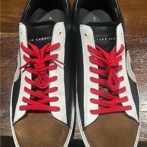 Oliver Cabell Men's Black, White, and Brown Sneakers with Red Laces